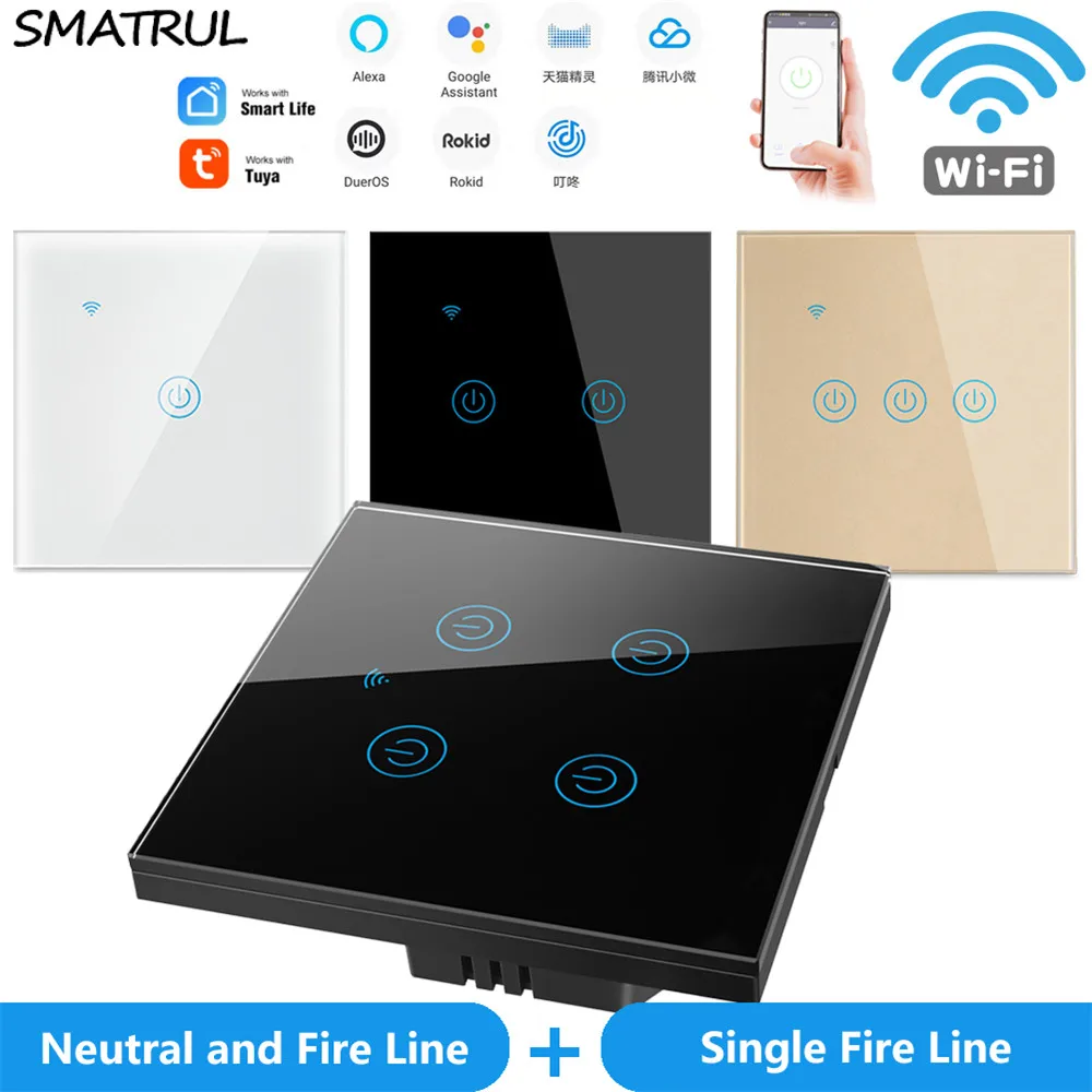 Сенсорный выключатель SMATRUL, светильник, Wi Fi, умный, беспроводной, Tuya, EU, UK, голосовая, настенная, стеклянная, APP, таймер, Google home, Amazon, Alexa, 220 В, 10A|Выключатели|   | АлиЭкспресс