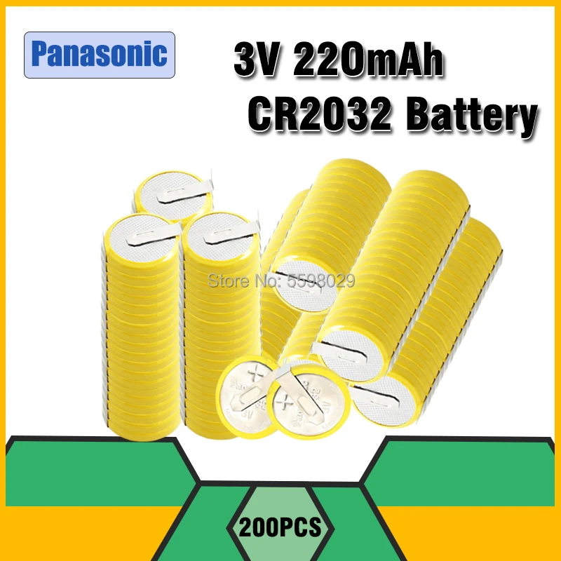 200pcs Panasonic CR2032 2 Solder Tabs Design Electronic Remote Control Button Coin Cells Battery