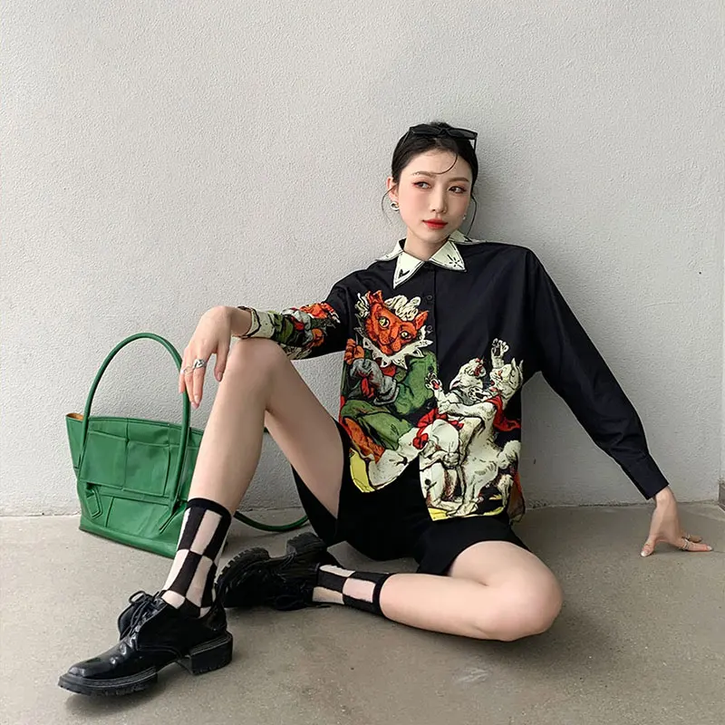 CHEERART Designer Black Long Sleeve Button Up Shirt Women Print