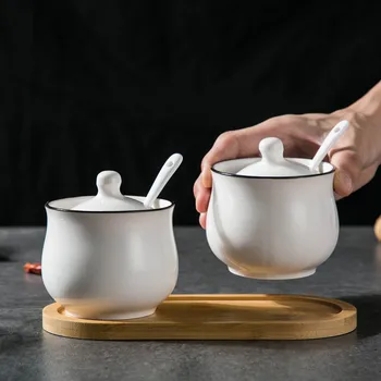 

2Pcs/Set Ceramic Spice Jars Can Seasoning Box with Wood Tray Salt Spice Organizer Condiment Storage Container Kitchen Tools