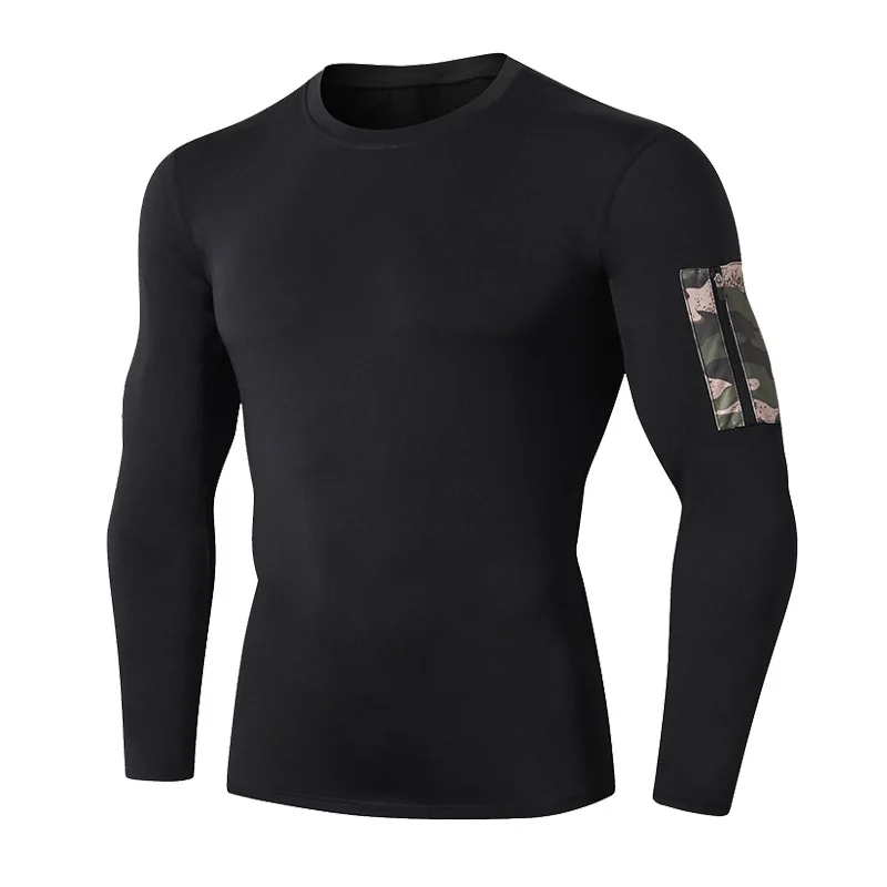 Мужская футболка Rashguard, Мужская компрессионная футболка, футболка для спортзала, черная футболка с длинным рукавом, камуфляжная рубашка с рукавом и карманом на молнии, базовый слой для мужчин - Цвет: Black-Camo-Green