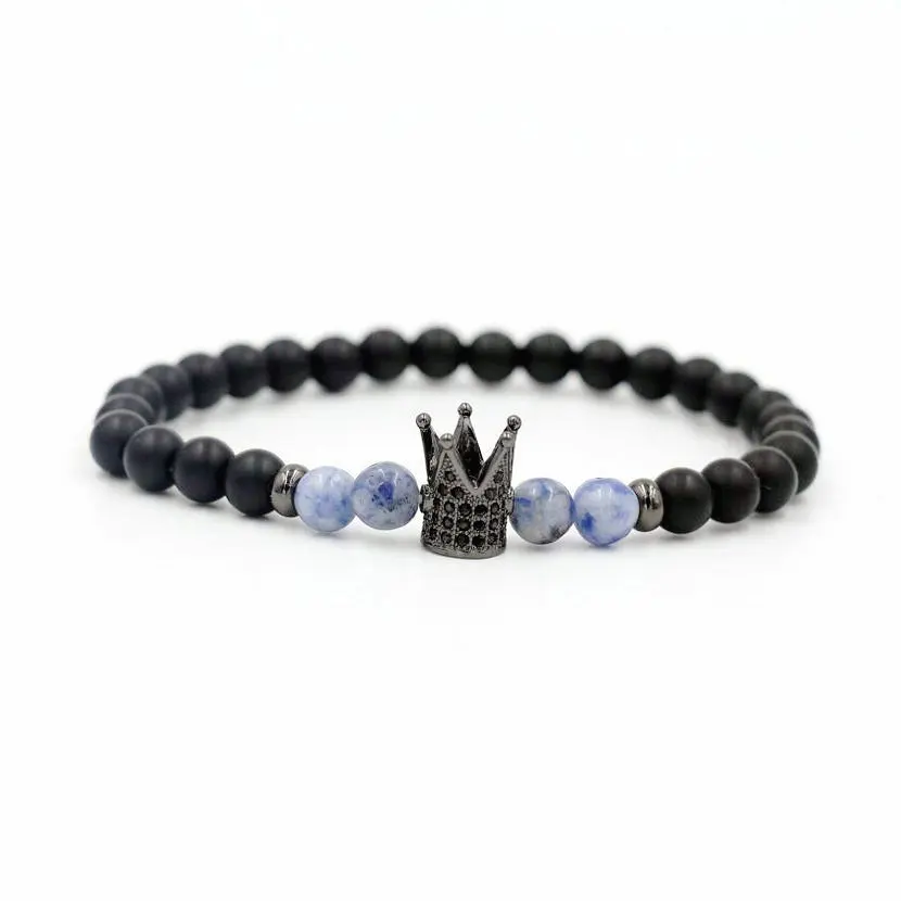 crown black Lucky инкрустация микро CZ гантели бусины браслет для мужчин и женщин 6 мм Камень Strand Шарм чакра браслет для влюбленных пар Викинг ювелирные изделия - Окраска металла: crown black