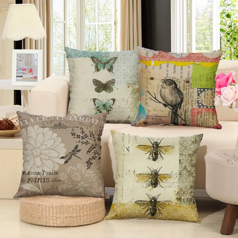 Cute Bird Cushion Coves Cotton Linen Bee Butterfly Printed Throw Pillow Pillowcase for Home Decor Sofa Chair Bedroom Decorative