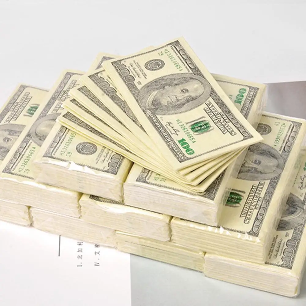 

10 Sheets/Pack Funny Dollar Pattern Tissue Paper Disposable Towel Pure Wood Portable Money Napkin Handkerchief Party Tableware