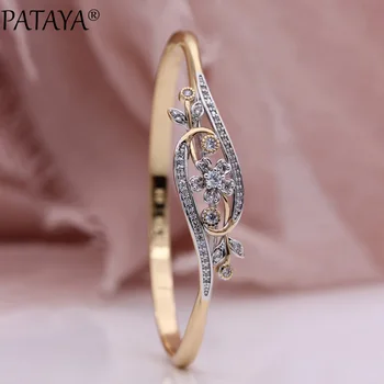 

PATAYA New Arrivals Hollow Flower Bangles Women Fine Bangle 585 Rose Gold Natural Zircon White Party Unique Leaf Fashion Jewelry