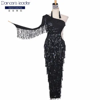 

New Latin dance sequined tassel skirt competition suit black slim long skirt side sexy straps ladies performance clothing