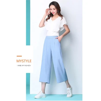 

Feminino Wide Leg Pants Summer Ice Denim Fabric High Waist Jogger Lounge Loose Capri Trousers Pockets Plus Size 3XL S Blue Women