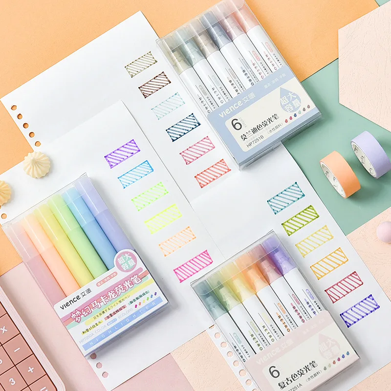 

6pcs Retro Color Highlighter Pen Set Morandi Candy Fluorescent Marker Spot Liner Pens for Drawing Diary Note Office School F846