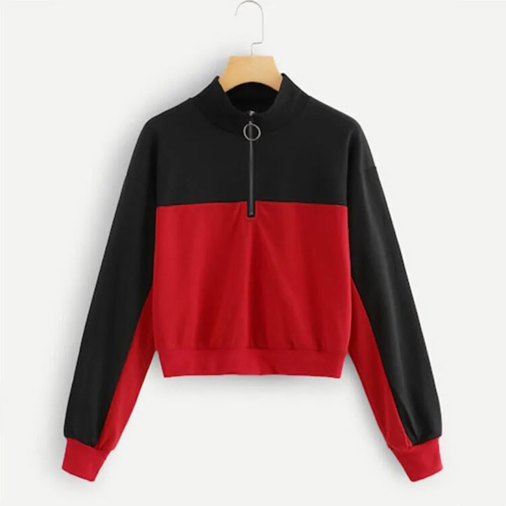 Jaycosin 2019 Fashion Autumn Women Simple Loose Colorblock Zipper Sweatshirt Stylish Long Sleeve Comfortable Casual Blouse 108#4