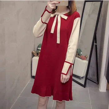 

Autumn Winter Knitted Dress for Women Bow Lace-Up Collar Block Elegant Office Large Size Dresses Midi Vestidos