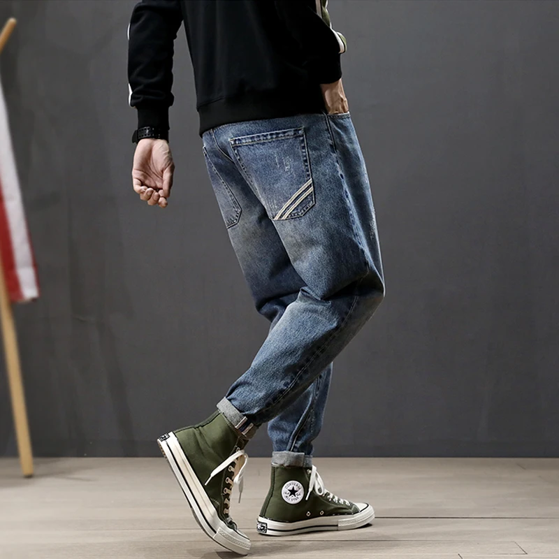 Fashion Streetwear Men Jeans Retro Blue Loose Fit Harem Pants Stripe Pocket Designer Hip Hop Jeans 4