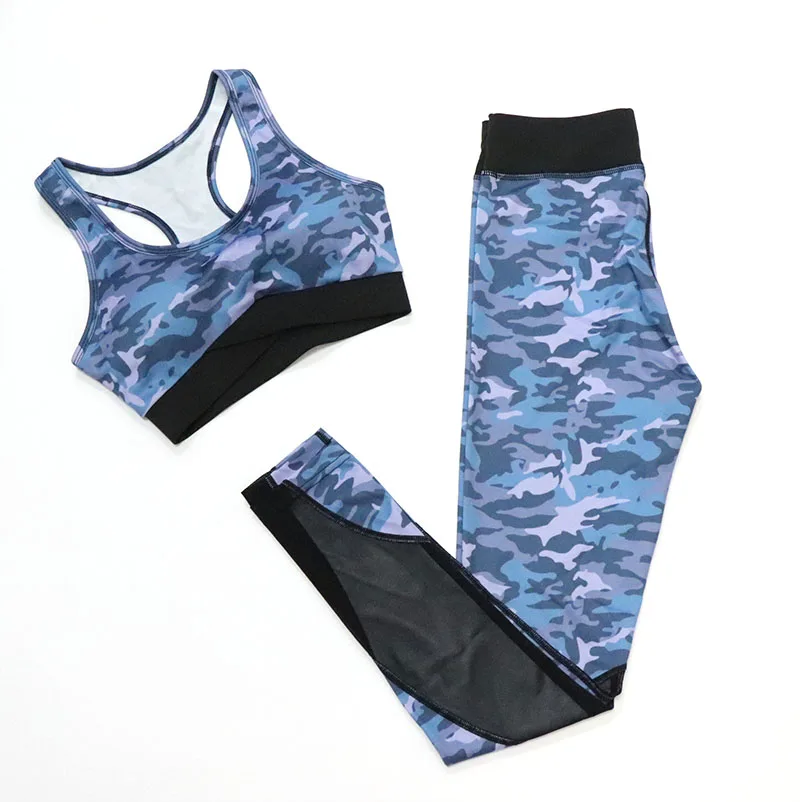 Blue Комплект из 2 предметов, камуфляжный, камуфляжный, для йоги, спортивная одежда, дышащая, для спортзала, фитнеса, одежда для занятий йогой, леггинсы+ спортивный бюстгальтер, спортивный костюм для спортзала, Femme - Цвет: Blue