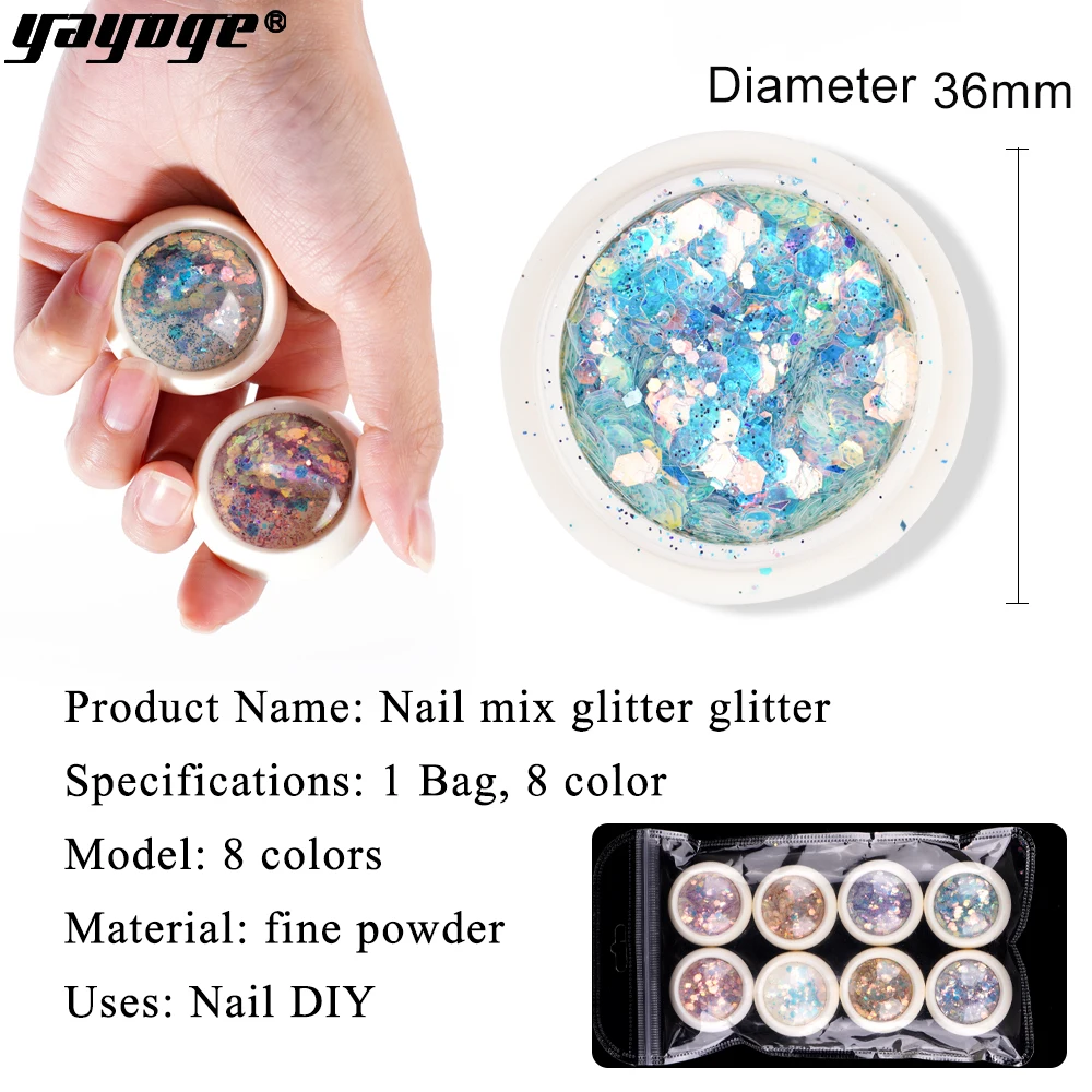 Yayoge, 8 цветов, для дизайна ногтей, голографические блестки, красочные, 3D Шарм, пыль для маникюра, УФ Гель-лак, новые украшения для дизайна ногтей