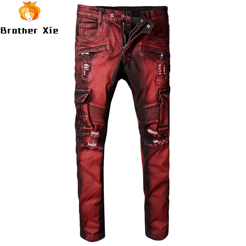 

Hi Street Men's Red Motorcycle Jeans Skinny Pleated Cargo Jeans Brand Urban Cotton Jeans for Male R2563