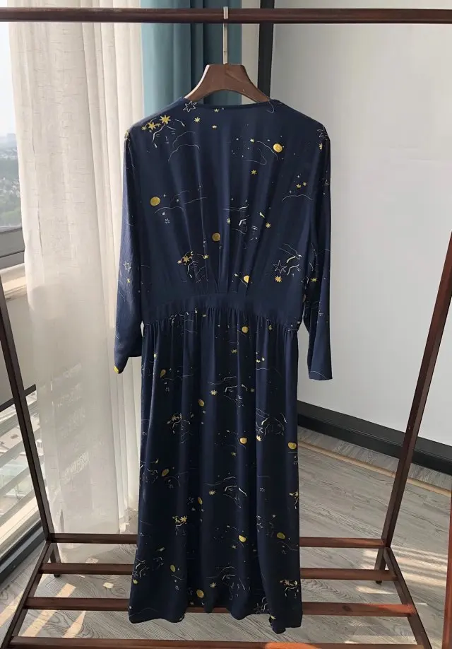 Вискоза Темно-Синяя Звезда Луна Небо печать обёрточная V декольте цельное платье миди с длинными рукавами