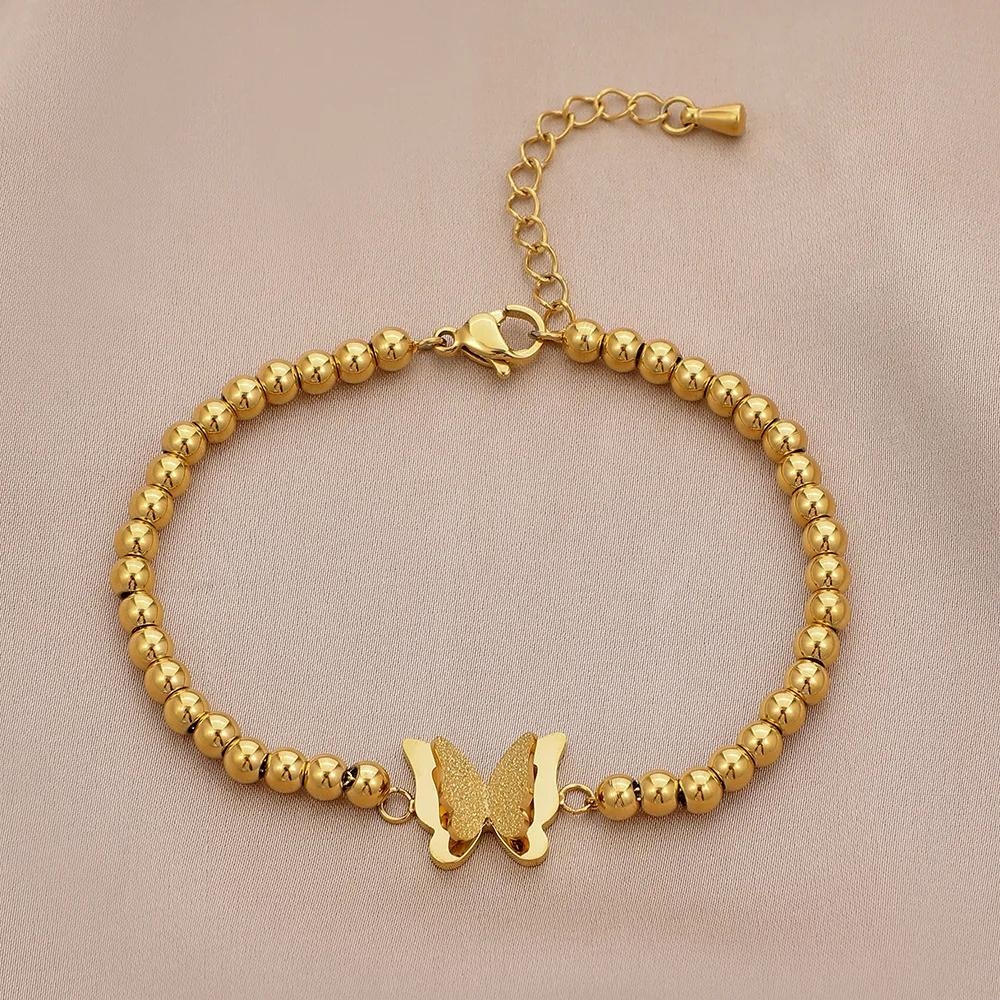 MEYRROYU Stainless Steel Gold Color Butterfly Bead Bracelet For Women 2021 Trend Romantic Party Gift Fashion Jewelry Wholesale