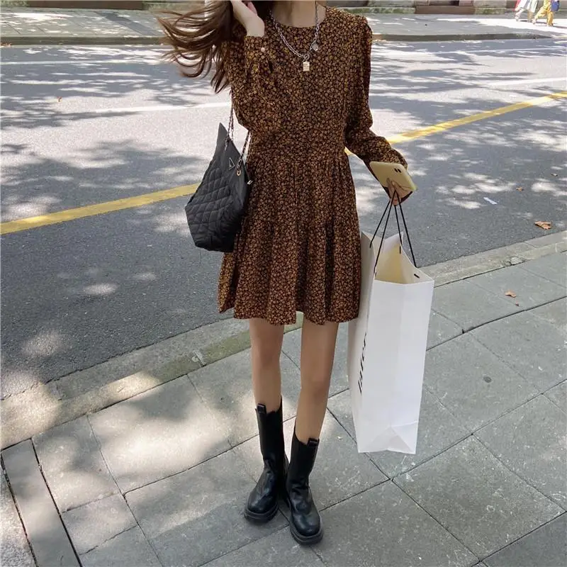 Dress Women Long Sleeve Floral Elegant Ulzzang Sweet Loose Fashion Holiday Ladies Spring Folds Leisure Soft Simple New Popular long dress