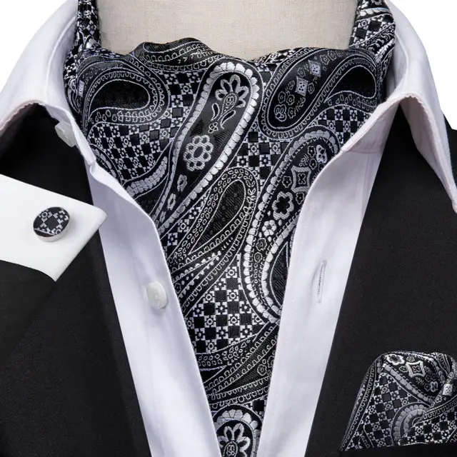 Hi-Tie Silk Men's Ascot Tie Pocket Square Cufflinks Set Cravat Ascots Scrunch Self British Style Gentleman Dress Scarves Party AS-1009