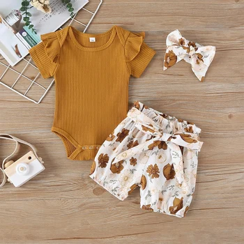 

6-24M Summer Baby Girl Pit Strip Floral Shorts Hair Band Three-piece Female Baby Short-sleeved Jumpsuit Suit Outfits 11