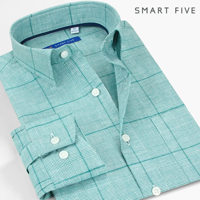 Smart Five 45% лен 55% хлопок с длинным рукавом Клетчатая Мужская рубашка Chemise Homme повседневные рубашки мужские официальные офисные весна осень
