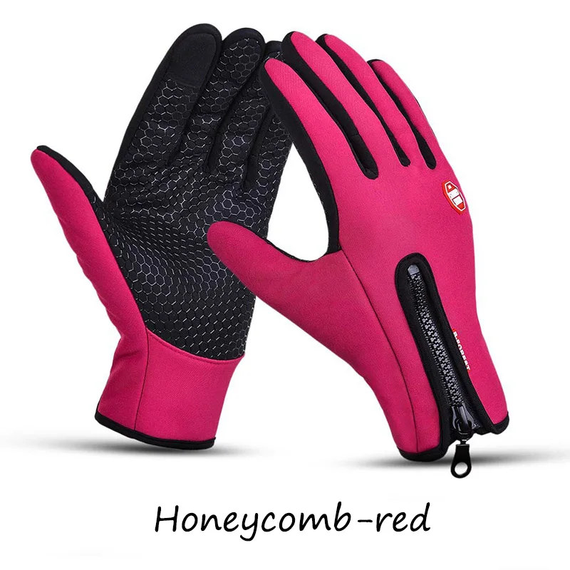 honeycomb-red Зимние теплые лыжные мужские перчатки женские велосипедные перчатки с сенсорным экраном водонепроницаемые брызгозащитные ветрозащитные модные черные женские нескользящие перчатки - Цвет: honeycomb-red