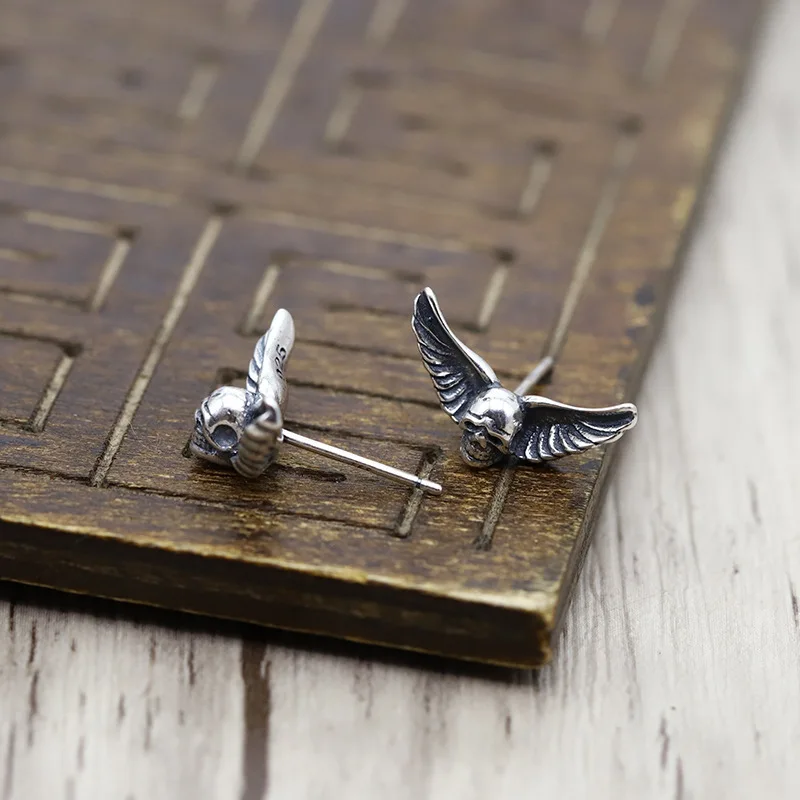 

Personality Punk Silver Color Devil Wings Skull Stud Earrings for Men Women Gothic Cool Earrings Retro Jewelry