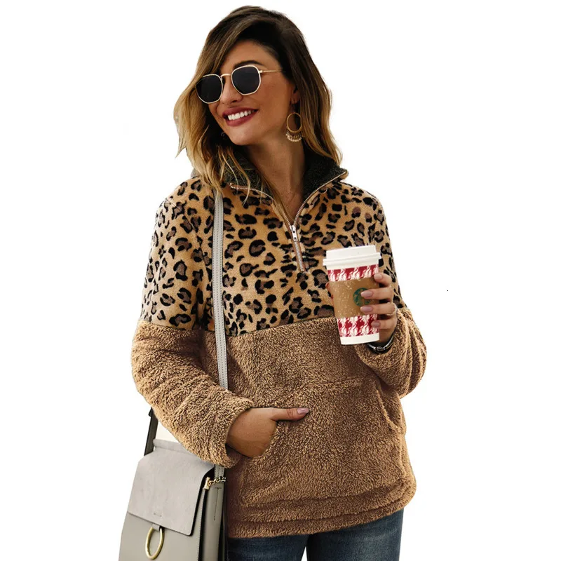 

Dilusoo 2019 Winter Leopard Contrast Plush Sweatshirts Women Long Sleeve Loose Casual Woman Pockets Thick Warm Autumn Sweatshirt