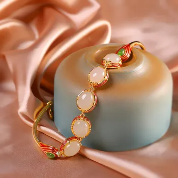 

Chinese-Style Accessories S925 Silver Accessories Women's Enamel Hetian Jade Bracelet