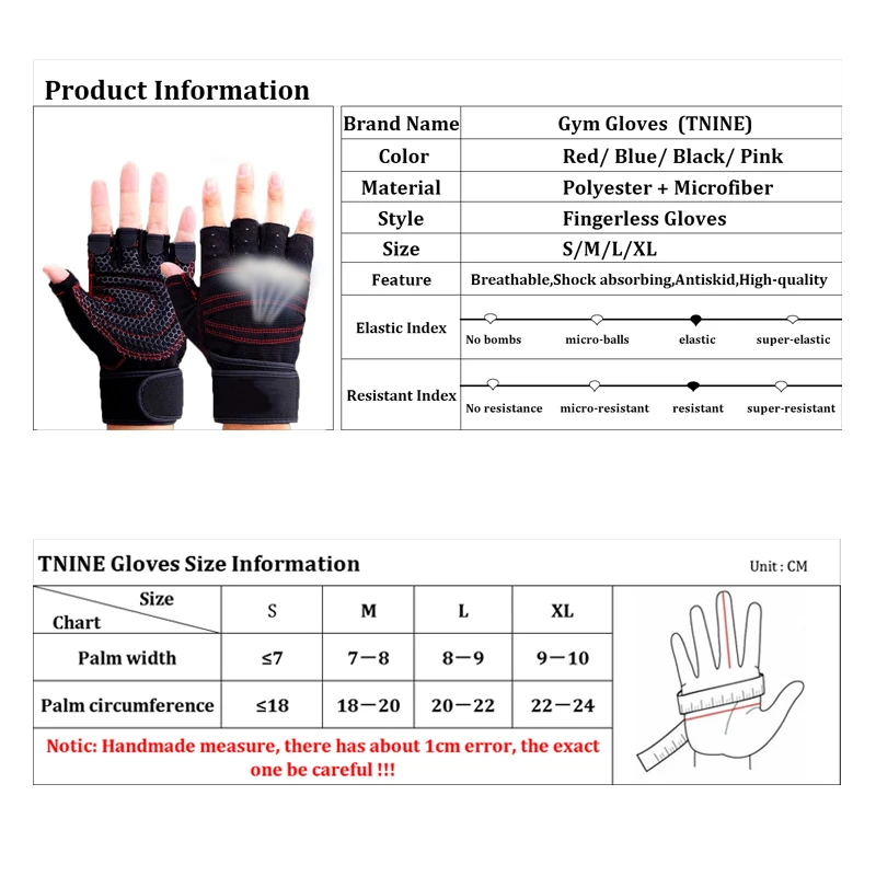 TNINE edificio del Cuerpo de formación Fitness levantamiento de pesas  guantes para hombres y mujeres de entrenamiento mitad Mitad de dedo Fitness