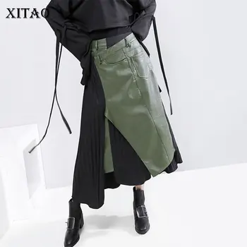 

XITAO Tide Personality Skirt Patchwork Pu Pleated Irregular A Line Pocket Women Clothes 2019 Fashion Loose Elegant Skirt ZLL4477