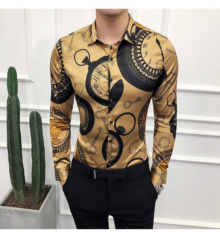 M-6XL luxo impressão de ouro camisa casual