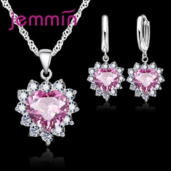 Elegant Heart Pendant & Hoop Earrings Jewelry Set in Sterling Silver (Pink)