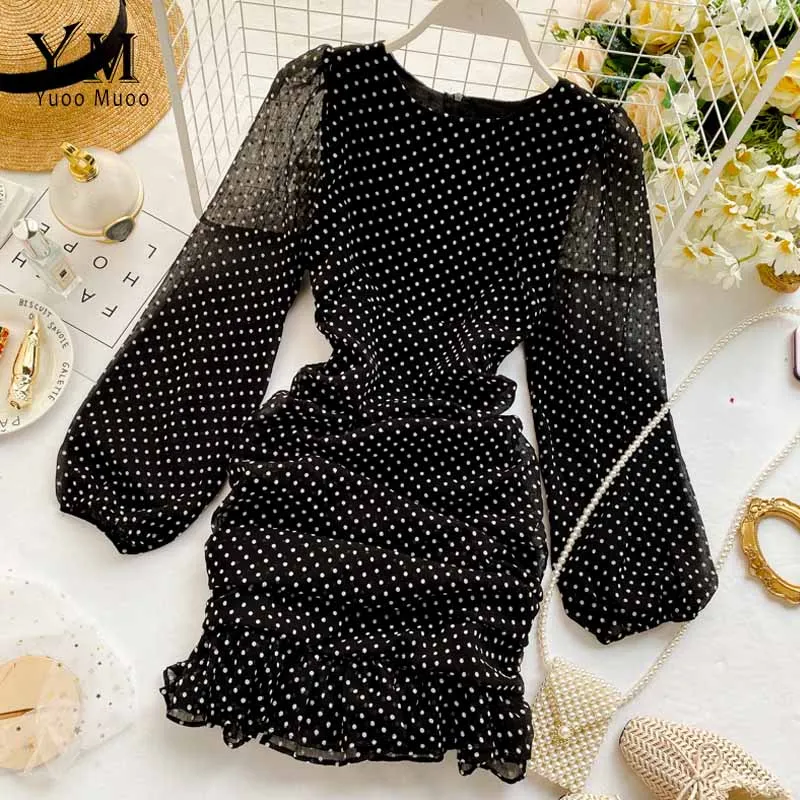 Черный YuooMuoo Chic Ins в горошек Осень женское платье модная одежда со складками Плиссированное мини-платье элегантный Для женщин шифоновое облегающее платье вечерние платья - Цвет: Черный