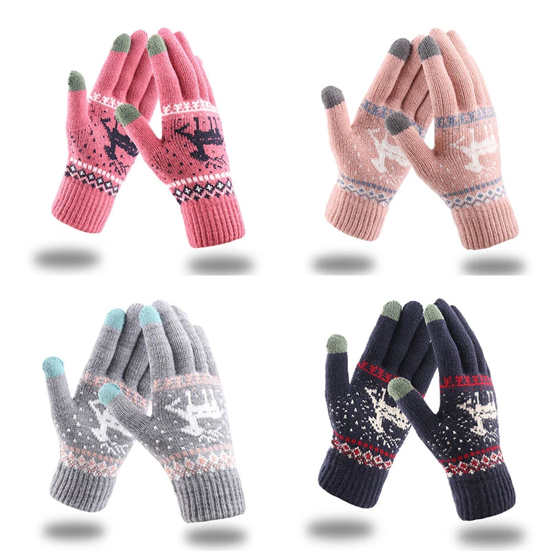 Women NEW Christmas Elk Deer Gloves Knitted Thicken Winter Warm Touch Screen Gloves Full Finger Mittens Red Pink Black Gloves