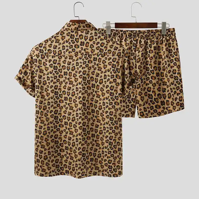 Summer Fashion Men Sets Streetwear Leopard Printed Lapel Short Sleeve Shirt Beach Shorts Hawaiian Men Suits