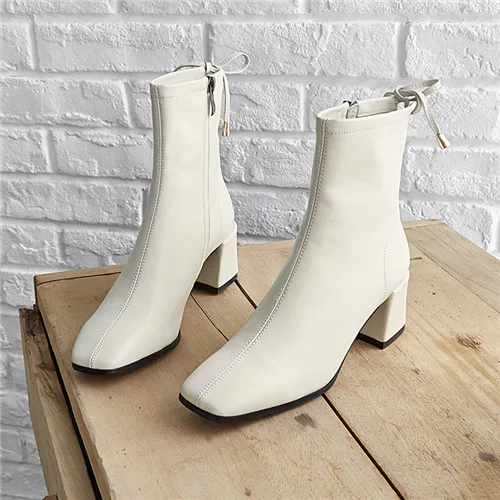 beige Women's genuine leather thick high heel autumn ankle boots square toe female fashion short booties bowtie zip boots shoes women - Цвет: beige