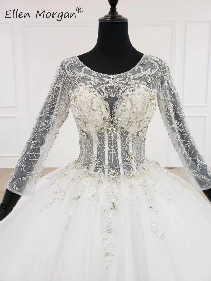 Vestidos De Novia, бальные платья принцессы цвета слоновой кости для невесты, длинные рукава, вырез лодочкой, бисер, тюль, настоящие фотографии, свадебные платья