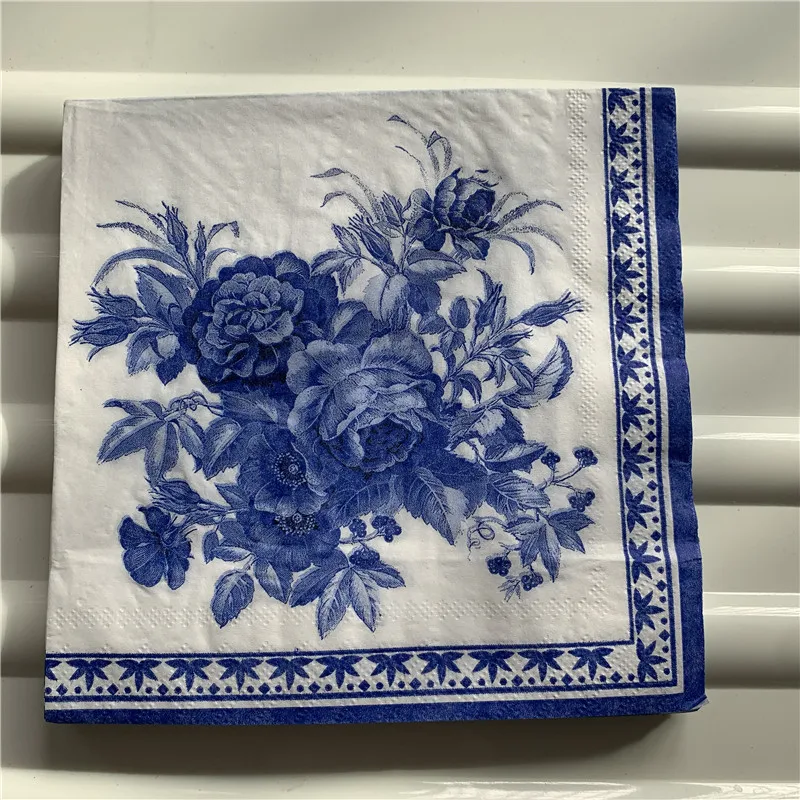 Бумажная салфетка в ретро-стиле элегантная синий цветок роза ручной платок