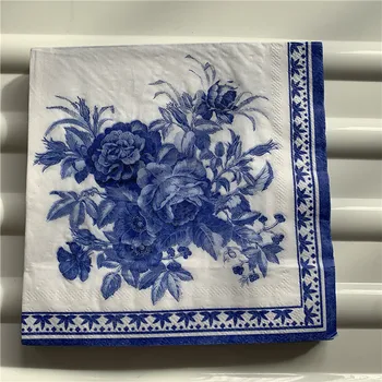 

Retro design napkin paper elegant tissue blue flower rose handerchief decoupage wedding birthday party Christams beautiful decor