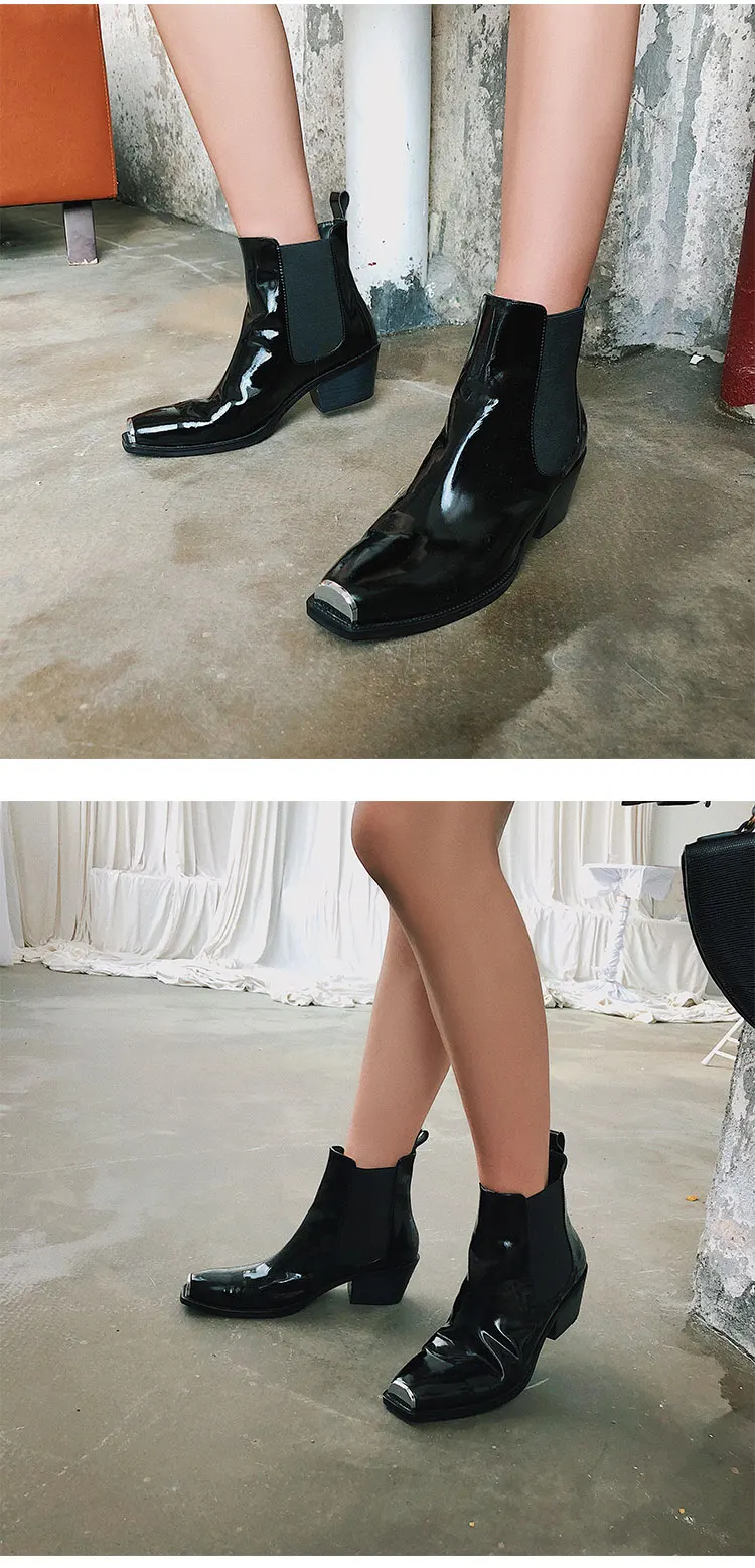 Buono Scarpe/женские ботинки «Челси»; ботильоны из натуральной кожи; короткие ботинки с квадратным металлическим носком; botas Mujer; ботинки на массивном каблуке с эластичной лентой