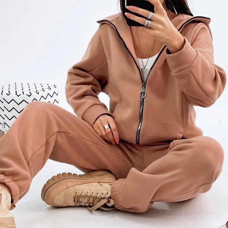 

Women Tracksuit Set Solid Zipper Hooded Jacket And Elastic Waist Pants Suit Outfits Female Autumn Winter Fitness Two Piece Sets