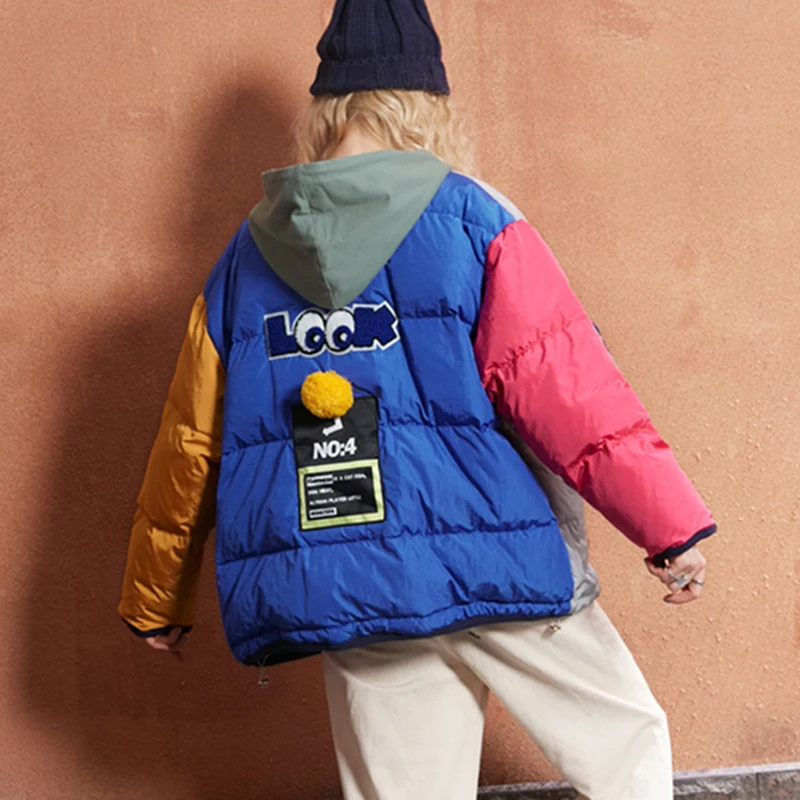 

Size Plus Winter Thicken Warm Hooded Down Jacket Women Hit Color Letter Cartoon Embroidery Pattern Sequins Preppy Style Coat 851