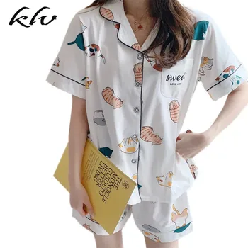 

Japanese Style Women Summer Cotton Pajamas Set Kawaii Cartoon Meow Cat Short Sleeve Sleepwear Lapel V-Neck Loungewear