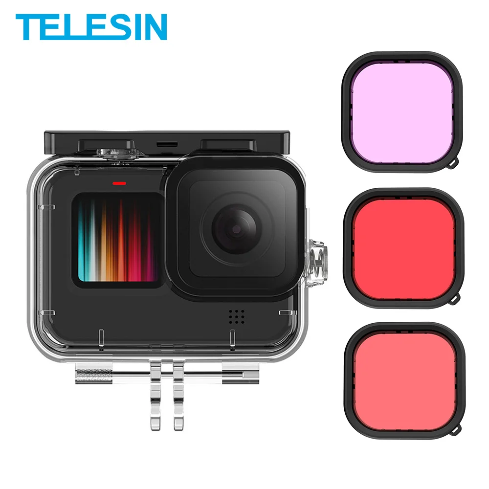 TELESIN-funda impermeable de 50M para GoPro 9, protector de cristal templado para buceo, gafas púrpura Rojas, filtro para GoPro Hero 9, negro