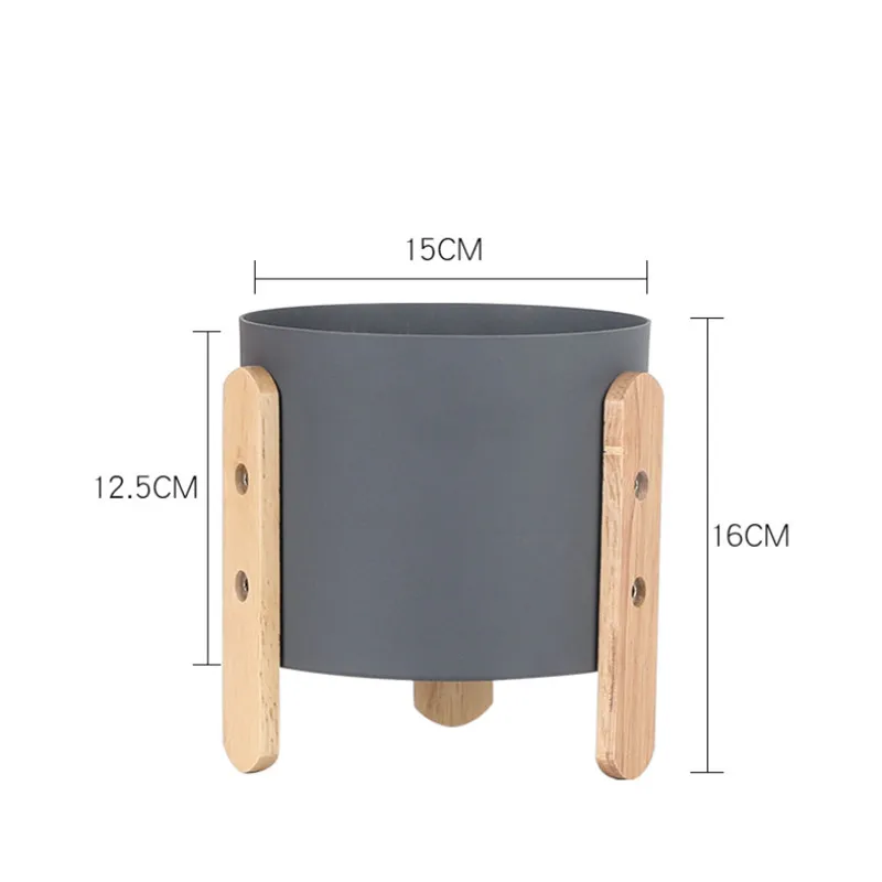 Nordic Simple Macaron Color Flowerpot Iron Planter Succulents Pot with Wooden Stand Home Decor Craft Green Plant Pot with Hole - Color: Grey L