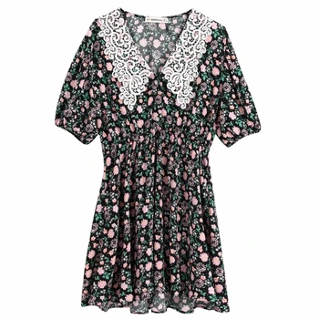 

2020 New Women Elegant Lace Crochet Collar Flower Print Casual Slim Kimono Dress Female Vestidos Prairie Chic Dresses DS3441