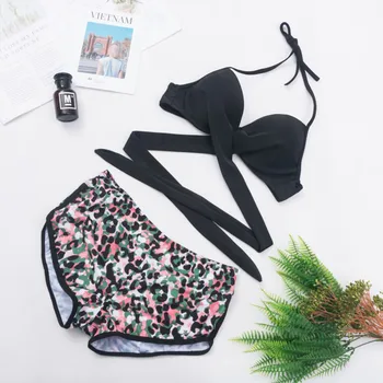 

Push Up Swimsuit Cross Camo Patchwork Swimwear Women Bandage Print Bikini Set Brazilian Bikinis Halter Top Bathing Suit Biquini