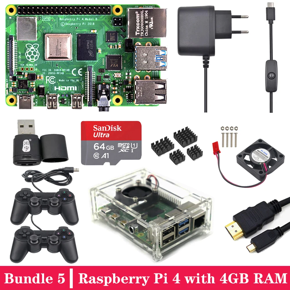 Комплект 5 Raspberry Pi 4 с 2 ГБ 4 ГБ ОЗУ игровой комплект с USB геймпадом акриловый чехол SD карта блок питания для Raspberry Pi 4 Модель B - Комплект: Комплект 5