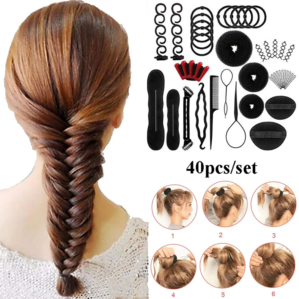 Hair Bun Maker 40Pcs/Set Women DIY Styling Accessories Kit Magic Donut  Hairpins Ties Fast Twist Modelling Hairdress Braid Tools