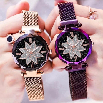 

Hot Sale Women Magnet Buckle Starry Sky Flower Watch Luxury Ladies Stainless Steel Quartz Watch Clock Relogio Feminino